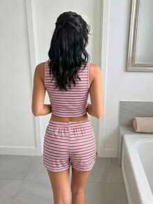 Sweetina Women Striped Round Neck Cropped Tank Top And Shorts 2 Pieces Casual Set - Red - View 2