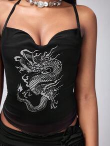 Y2Kool Wild Love Casual Sexy Urban Chic Minimalist Y2K Subculture Fashion Women's Dragon Print Crop Top, Suitable For Music Festivals, Daily, Vacation, Dates, Parties, Spring/Summer - Black - View 7