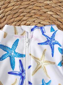 SHEIN 女婴海星印花泳衣（含发带）、女婴泳衣、海星印花荷叶边泳衣、女婴服装、女婴荷叶边袖泳衣、女婴度假套装、2T女婴泳衣、女婴拉链泳衣、女婴长袖泳衣、女婴防晒泳衣、幼儿女童长袖泳衣、幼儿防晒泳衣、女童碎花泳衣、幼儿全包泳衣、幼儿夏季套装、婴儿沙滩套装、热带风情女婴泳衣、长袖婴儿泳衣、亲子泳装 - 藍色 - 查看 4