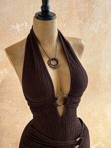 Soleia 新款波西米亚风露背金属串珠纹理连体裤，优雅度假装扮，适合海滩婚礼宾客、毕业早午餐、圣帕特里克节、春假、复活节、音乐节等场合。 - 咖啡棕 - 查看 8