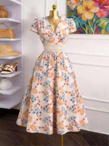 SHEIN Clasi Đầm midi nữ cổ chữ V, thắt eo, chất liệu ren, họa tiết hoa màu kaki/nâu, thanh lịch, thích hợp mặc hàng ngày, đi nghỉ mát, mùa xuân/hè. - Nhiều màu - Xem 16