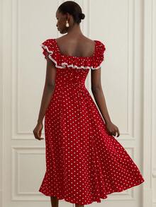 Revavyn Đầm xòe kiểu Pháp cổ điển chấm bi đen trắng, xếp ly, viền ren tương phản, dây đeo có thể điều chỉnh, kiểu dáng lãng mạn, thanh lịch dành cho nữ. - Màu Đỏ Sâu - Xem 2