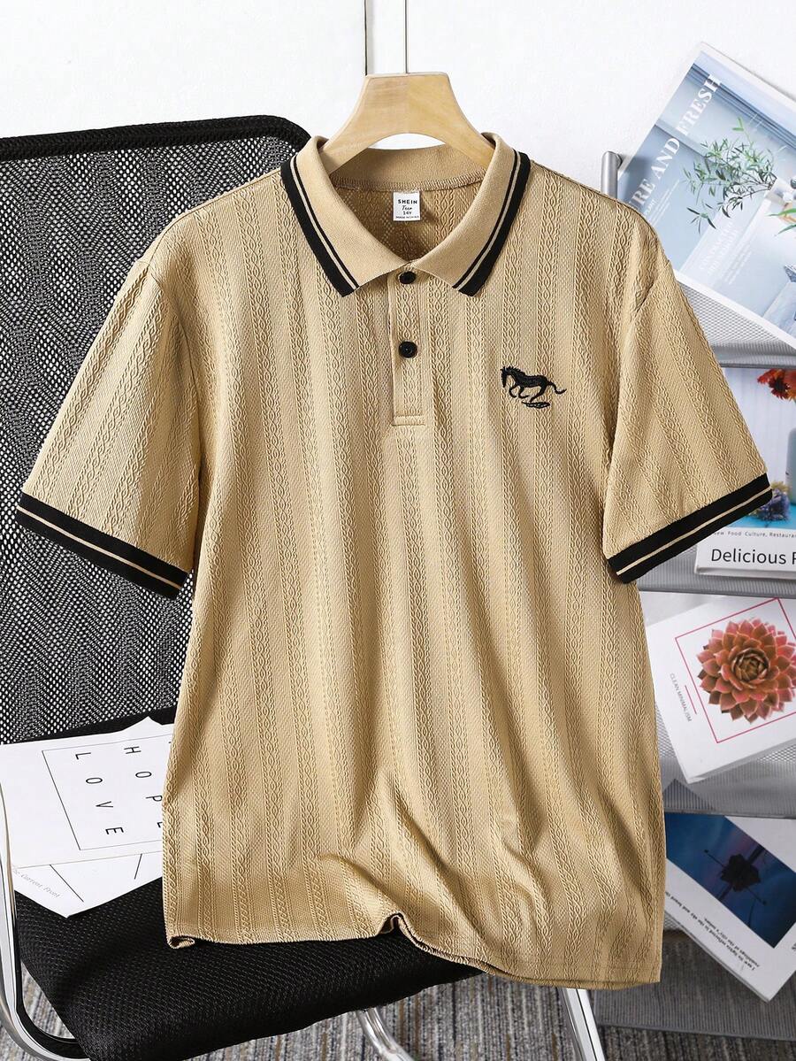 青少年男孩动物刺绣休闲百搭日常短袖Polo衫 - 杏色 - 查看 1