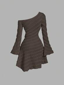 SHEIN MOD Women's Solid Color Asymmetrical Shoulder Metal Decor Elegant Waist Fitted Short Cocktail Dress For Dates & Parties - Coffee Brown - View 2