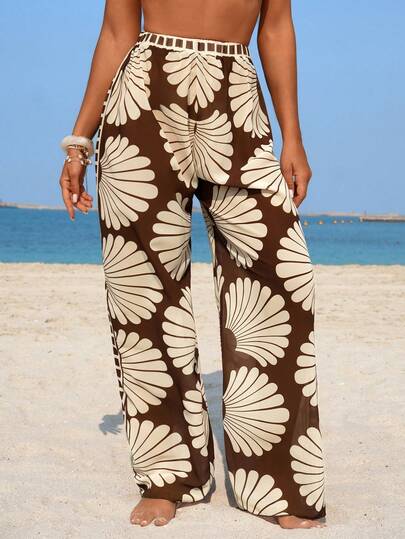 Swim Lushoire 女士半透明印花罩衫裤套装，松紧腰带，定位印花