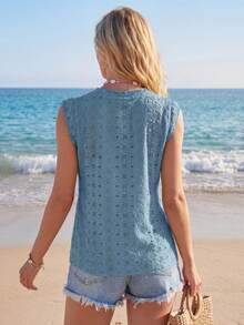 Sylviya 女士休闲纯色蕾丝 T 恤，夏季 - 藍色 - 查看 2