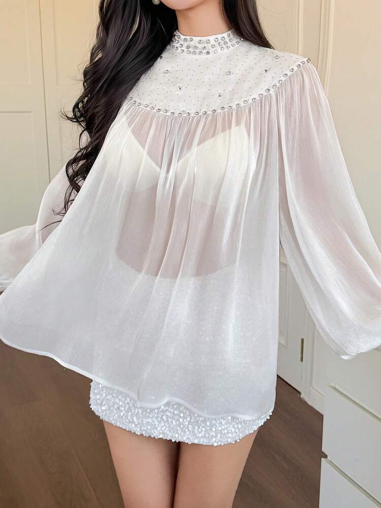 Elegant French Palace Style Rhinestone Mesh Patchwork Lantern Sleeve Sheer Blouse, Loose Fit Women Shirt