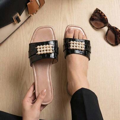 Sandalias Planas para Dama Detalle de Perlas Varios Colores Estilo SARI101 Casual Elegante Oficina