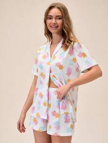 EURMUSE Cute Floral Print Button Detailed Relaxing Pijama Set - Multicolor - View 5