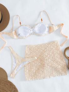 SHEIN Swim Vcay Women's New Summer Vacation Beach Spaghetti Strap Special Fabric Bikini 3 Pieces Set - Apricot - View 7