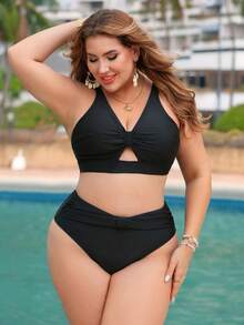 Swim Lushoire Novo conjunto de biquíni plus size feminino de três peças, cor sólida, com alças finas, top e calcinha modeladores. Design que afina a cintura, ideal para férias e momentos de lazer. - Preto - Ver 3