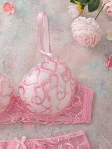 2 piezas Conjunto de ropa interior rosa con aros, con patrón bordado de corazón, con soporte y elevación, conjunto de lencería elegante y dulce para damas - Rosa - Ver 4