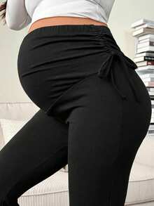 SHEIN Leggings casuales de maternidad de unicolor con cordón ajustable en la cintura - Negro - Ver 4
