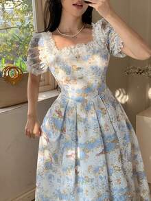 DAZY French Square Neck Blue Painting Style Ditsy Floral Dress, Summer Maxi Dress Sundress Boho Vacation Outfits Women - Baby Blue - View 8
