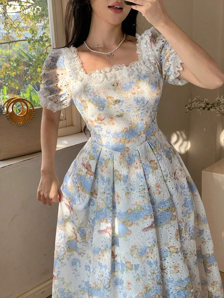 French Square Neck Blue Painting Style Ditsy Floral Dress, Summer Maxi Dress Sundress Boho