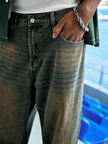 EVRINFINITE 1件 Hearty Haven 休闲百搭宽松破洞阔腿男士牛仔裤 - 藍色 - 查看 9