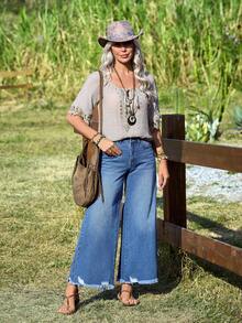 EMERY ROSE Women's Pocket Button Tassel Casual Versatile Daily Wear Wide Leg Jeans - Blue - View 5