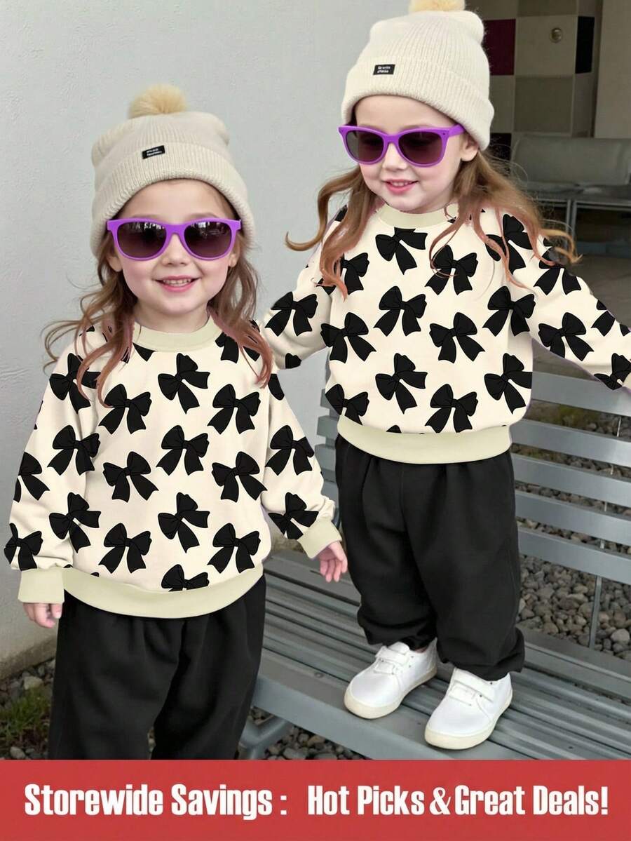 2 piezas Conjunto de niña bebé de sudadera de cuello redondo de manga larga con estampado de lazo negro y pantalón de chándal holgado, adecuado para otoño, invierno y primavera - Multicolor - Ver 1