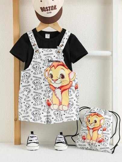 SHEIN Set de 2 piezas de babero y pantalones cortos con estampado de animales de dibujos animados para bebé recién nacido niño/niña, adecuado para primavera/verano, uso casual, en casa, salidas, fiestas
