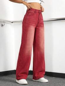 SHEIN ICON Women's Pocket Button Casual Versatile Daily Wear Wide Leg Jeans - Red - View 3