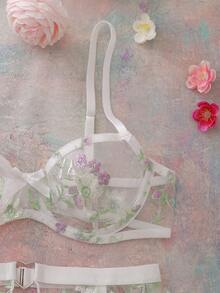 SHEIN 3pcs/Set Women's Floral Embroidery Underwire Bra, Garter Belt And Panty Set, Fresh And Romantic Pastoral Design, Sexy - Multicolor - View 4
