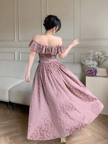 DAZY Women's Elegant Floral Off-Shoulder Ruffle Blouse And A-Line Skirt 2-Piece Set, Summer - Pink - View 2