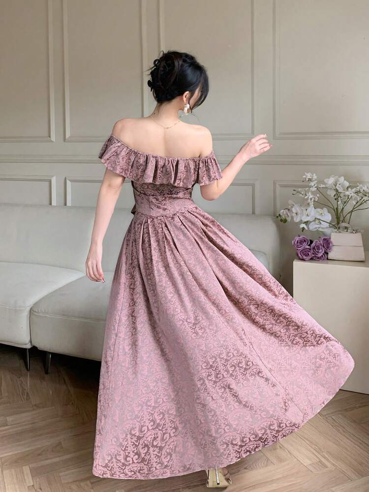 Women's Elegant Floral Off-Shoulder Ruffle Blouse And A-Line Skirt 2-Piece Set, Summer