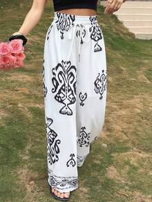 DAZY Women's Casual Floral Print Elastic Waist Wide Leg Pants, Spring - Beige - View 6