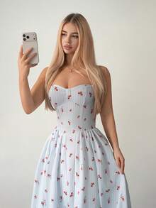 Sweetina 女士复活节蓝色外出春夏黄色度假休闲碎花吊带飘逸连衣裙，夏季 - 彩色 - 查看 6