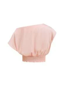 SHEIN Ellevyn 女士紫色不对称领纯色短款腰部T恤衫+亮片下摆A字裙套装，优雅日常、度假、通勤皆宜，春夏百搭。不对称肩部上衣，短袖衬衫，粉色，亮片中长裙，优雅日常穿搭，春夏女装，女士两件套，A字长款中长裙 - 粉色 - 查看 6