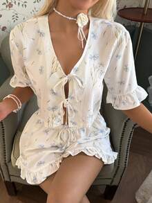 French Countryside Romantic Ditsy Floral Women Pajama Set - Multicolor - View 6