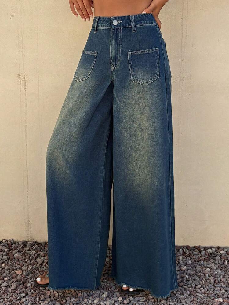 Vintage High Waist Frayed Hem Wide Leg Jeans, Women's Casual Denim Pants For Summer