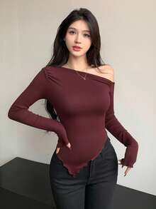 DAZY Women's Solid Color Asymmetric Hem Fitted Long Sleeve Fashionable T-Shirt - Burgundy - View 5