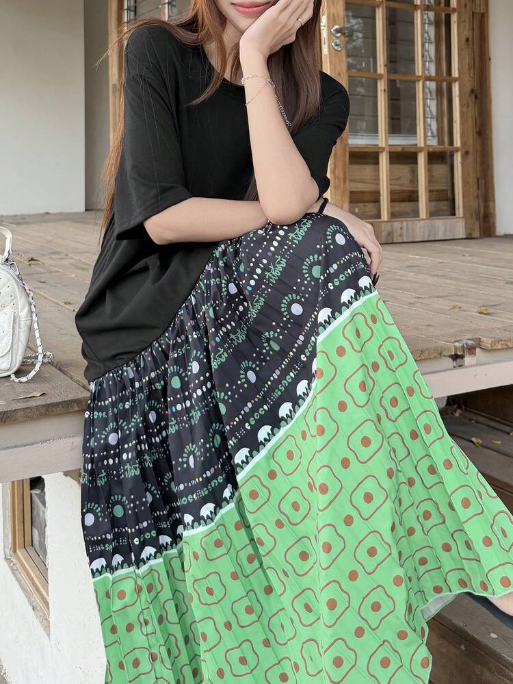 Women's Round Neck Short Sleeve Color Block Splice Vacation Style Dress Sundress Summer