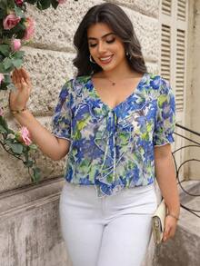 Reflora Plus Size V-Neck Short Sleeve Ruffle Tie-Front Allover Print Loose Blouse, Going Out Tops - Blue - View 6
