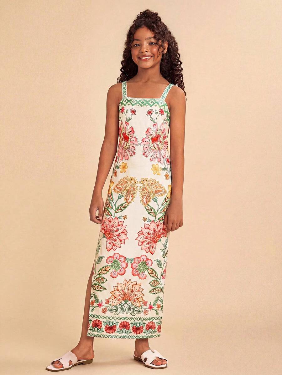 Travachic KIDS Đầm không tay in hoa thanh lịch, thoải mái cho bé gái tuổi teen, thích hợp cho kỳ nghỉ. - Màu be - Xem 1