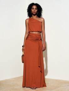 Zivah 新款夏季休闲度假波西米亚风套装，宽松红棕色针织单肩背心搭配系带百褶A字裙，两件套设计。适合日常穿着、旅行、度假、海滩、休闲风、西部风情、派对、节日、音乐节、机场穿搭、早午餐等场合。 - 鏽棕色 - 查看 9