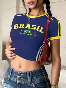 DrmWander Y2K Brazil Top, Crop Top, Brasil Tee, 2000s Aesthetic,Brazil Women's Fitted T-Shirt - Navy Blue - View 1