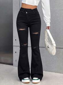 SHEIN PETITE Women's Low Waist Skinny Flared Jeans, Dark Grey Jeans - Black - View 1