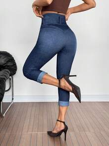 SHEIN Tall 女士高腰口袋纽扣休闲百搭日常牛仔裤 - 深色水洗藍 - 查看 8