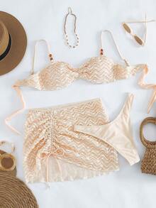 SHEIN Swim Vcay Women's New Summer Vacation Beach Spaghetti Strap Special Fabric Bikini 3 Pieces Set - Apricot - View 4