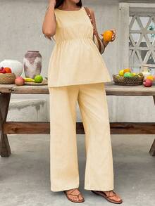 SHEIN Maternity Vacation Striped Ruffle Hem Sleeveless Top And Adjustable Waist Pants Casual 2 Pieces Set - Yellow - View 4