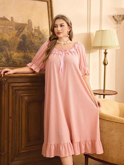 SHEIN 浪漫荷叶边蝴蝶结装饰纹理雪纺蕾丝边女士睡裙，舒适优雅的细节设计，适合所有季节