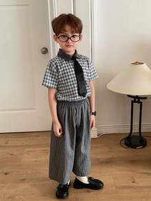 DAZY 男童千鸟格 Polo 领短袖休闲口袋 T 恤 - 灰色 - 查看 5