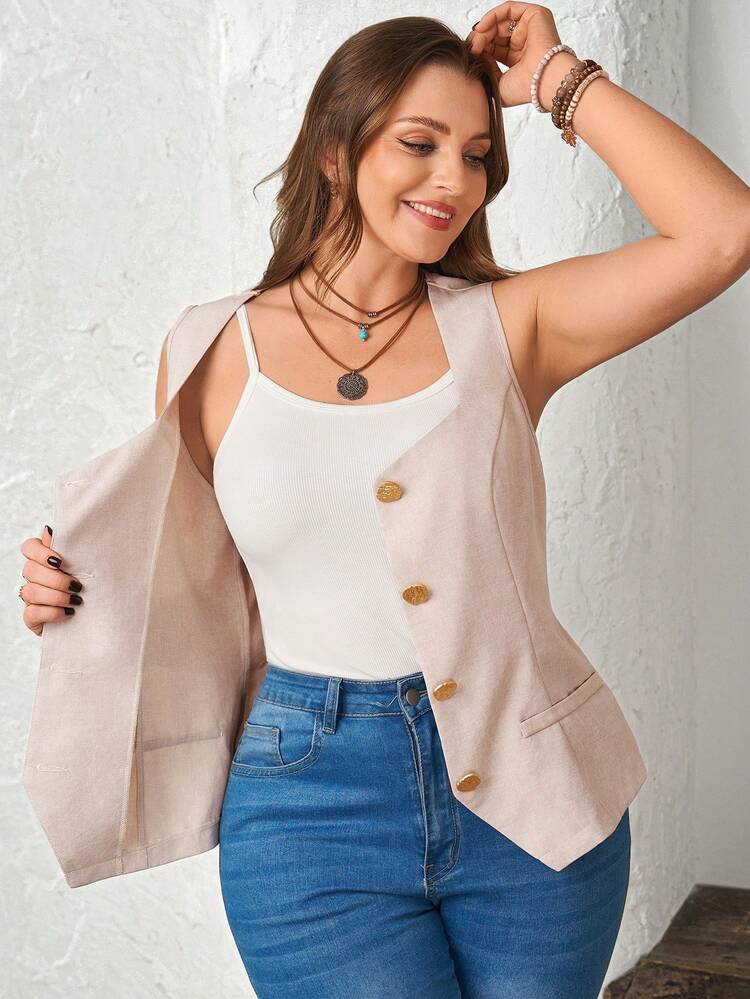 Plus Size Summer Casual Commuting Solid Color Vest Tops For Women Elegant Business Casual Tops Woman Plus Size Linen Outfits Summer Outfit For Women Beach Vacation Outfits  Going Out Top Plus Size Blazer For Women