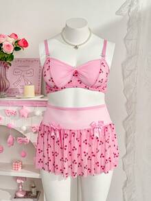 PetitDoll 3pcs Set: Sweet Floral Print Mesh Bow Underwire Padded Ruched Skirt Plus Size Sexy Lingerie Set - Pink - View 6