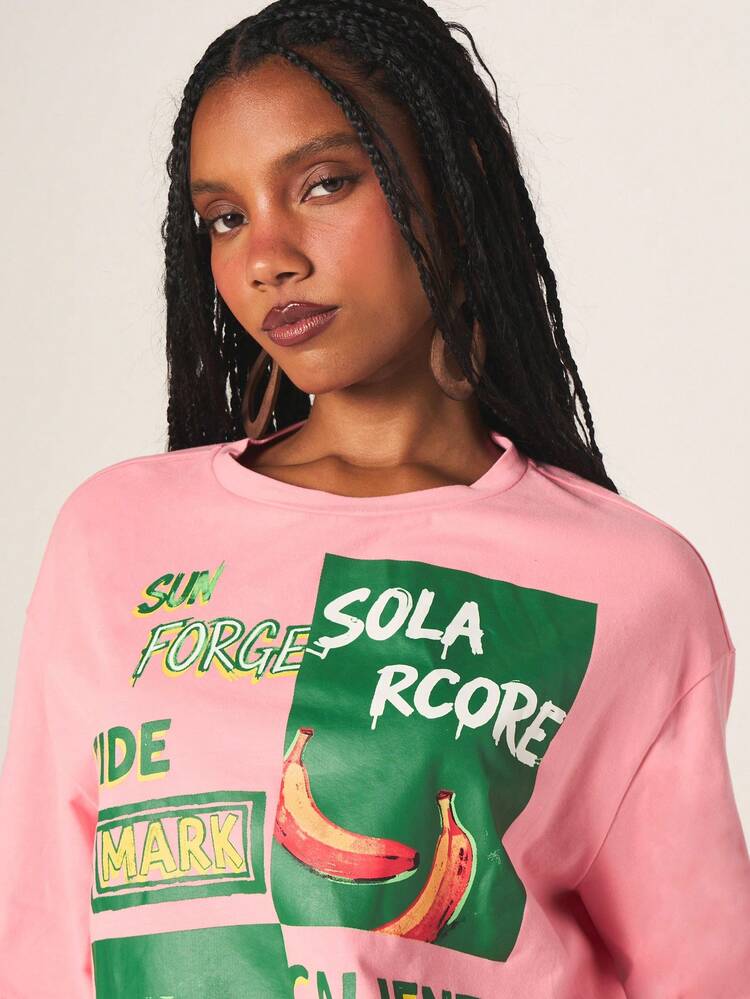 MISSGUIDED Women's Oversized Pink Graphic T-Shirt With Mixed Text Print And Short Sleeves Casual Summer Top With Fruit Design Elements
