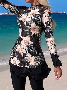 Swim Mulvari 26SS 春夏沙滩度假简约花卉双层荷叶边两件套泳衣套装 2026 新款女士泳装到货，适合上学、度假、约会、下午茶、西式、邮轮、海滩、海岛、公路旅行、四季皆宜、音乐节、波西米亚风度假、秋日休闲、西式波西米亚风、优雅女士上衣、女士沙滩套装、女士两件套休闲女士度假服、女士度假套装、女士沙滩套装、保守款上衣 - 彩色 - 查看 3