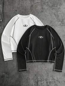 AXEPEAK Camiseta casual de manga larga con cuello redondo y ribete de contraste con estampado geométrico para hombres - Blanco y Negro - Ver 1