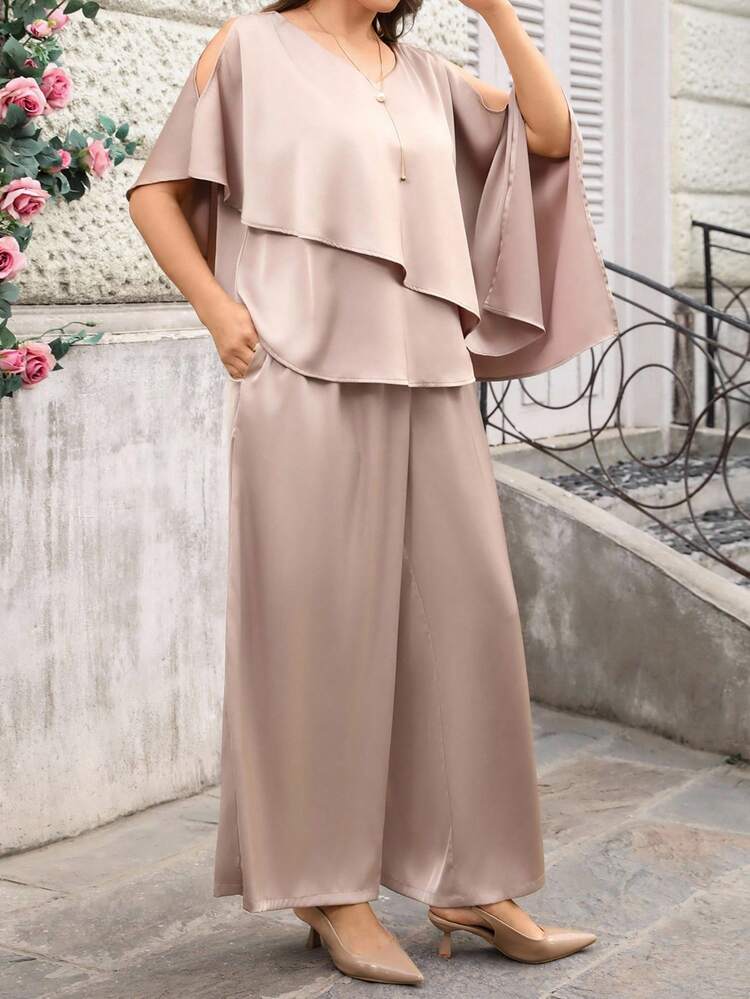 Plus Size Elegant Commuter Solid Color Asymmetric Shirt & Pants 2 Pieces Set For Summer/ Vacation Wide Leg Pants Set Two Piece Set Women Elegant Women Matching Sets Summer Outfits